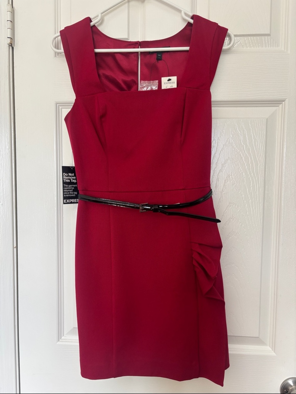 New Express Sleeveless Cherry Red Midi Sheath Dress with removable Black Belt